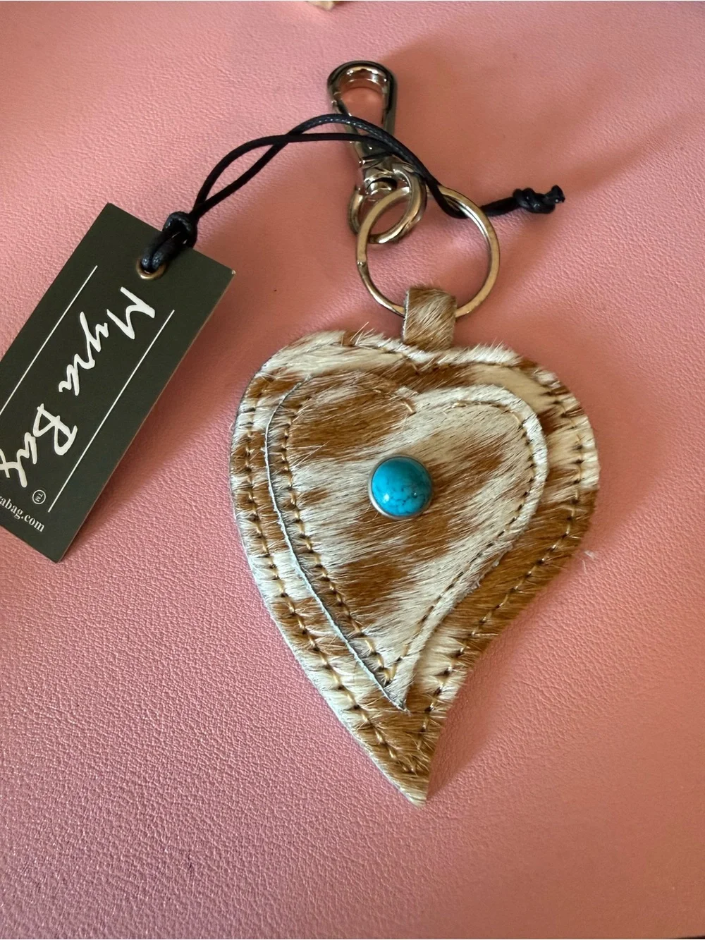 Myra Bag Brown Hair-on Leather Heart Keychain with Turquoise Accent